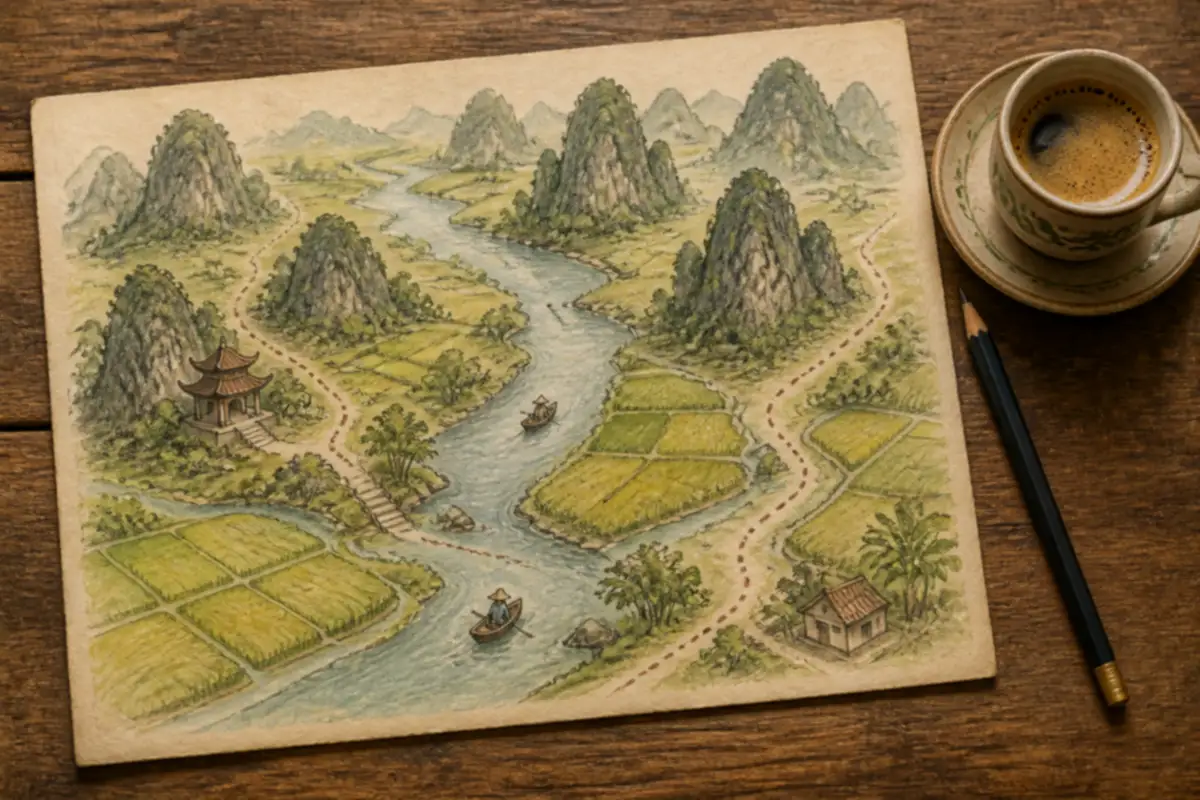 Bản đồ vẽ tay minh họa lịch trình Ninh Bình 2 ngày: sông, ruộng lúa và núi đá vôi, bên cạnh tách cà phê