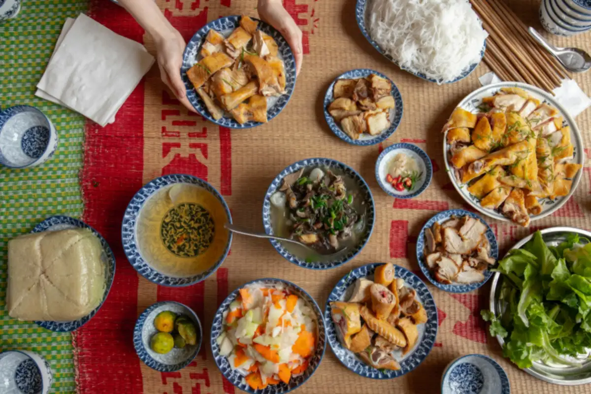 Mâm cơm quê Ninh Bình bày trên chiếu cói: nem rán, gà luộc, bánh chưng, rau sống và bát canh