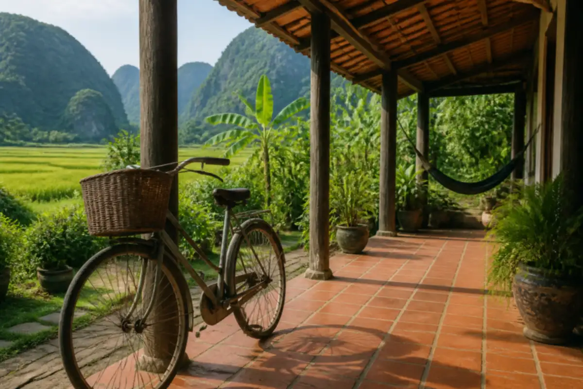 Xe đạp giỏ mây dựng ở hiên nhà ngói, nơi đón khách khi liên hệ Mây Lúa Homestay